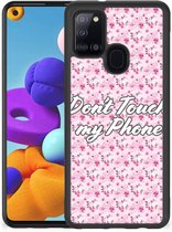 Hoesje met Tekst Geschikt voor Samsung Galaxy A21s Back Cover Siliconen Hoesje met Zwarte rand Flowers Pink Don't Touch My Phone
