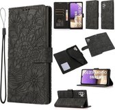 Voor Samsung Galaxy A32 5G Huid Voelen Reliëf Zonnebloem Horizontale Flip Lederen Case met Houder & Kaartsleuven & Portemonnee & Lanyard (Zwart)