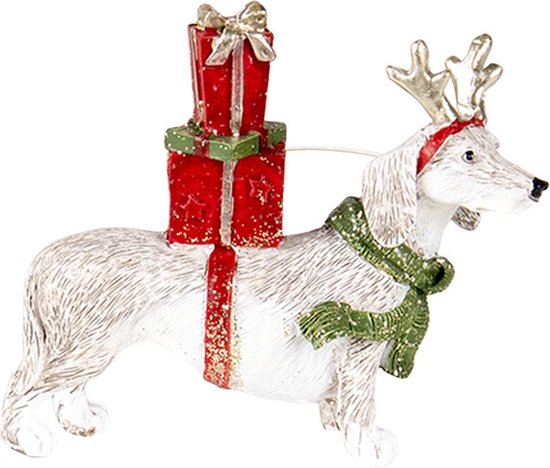 Clayre & Eef Beeld  Hond 9x3x8 cm Rood Wit Kunststof Kerstdecoratie beeld decoratie  Decoratieve Accessoires