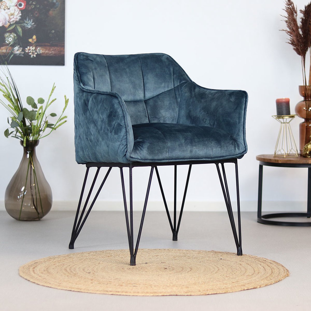 Bronx71 Velvet eetkamerstoel Jayron blauw - stoel