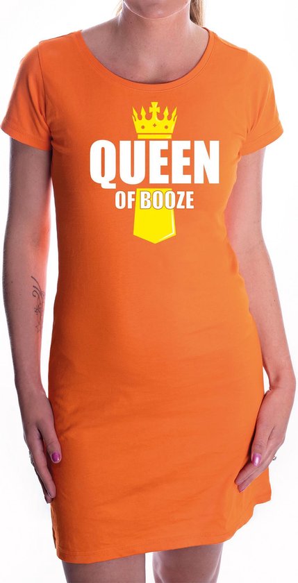 Koningsdag jurkje Queen of booze met kroontje oranje - dames - Kingsday drank outfit / dress / kleding XL