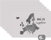 Placemat - Placemats kunststof - Europakaart in grijze waterverf met de tekst Take me anywhere - zwart wit - 45x30 cm - 6 stuks - Hittebestendig - Anti-Slip - Onderlegger - Afneembaar
