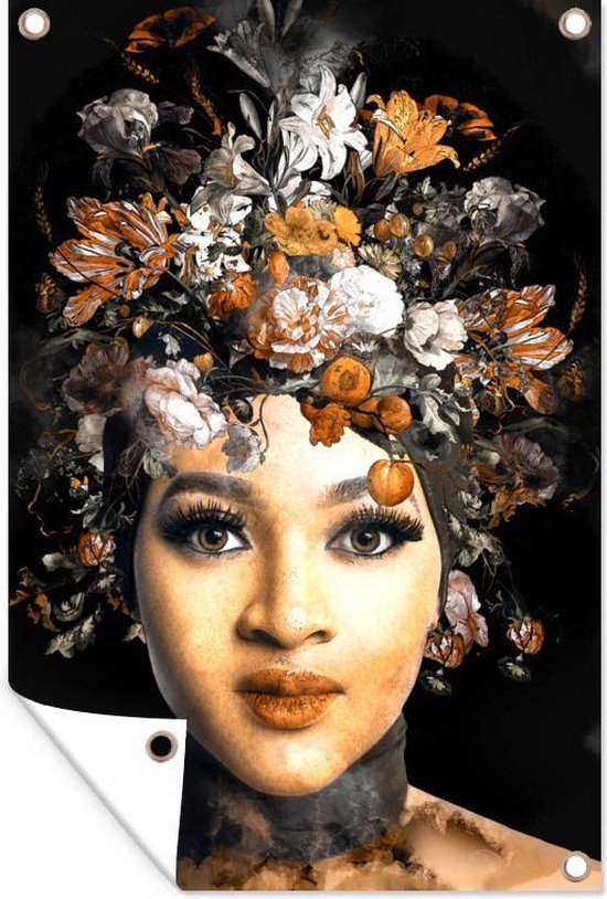 Tuinposter - Tuindoek - Tuinposters buiten - Vrouw - Bloemen - Make up - 80x120 cm - Tuin