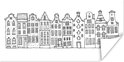 Zwart-wit poster met een rij sierlijke, smalle grachtenpanden met verschillende daken en details.