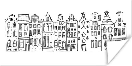Zwart-wit poster met een rij sierlijke, smalle grachtenpanden met verschillende daken en details.