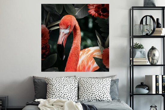 Stickers muraux - Film autocollant - Flamingo - Fleurs - Feuilles - Ressorts - 120x120 cm - Film adhésif - Stickers muraux Chambre d'enfant - Papier peint autocollant XXL