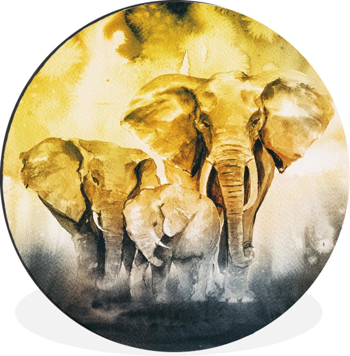WallCircle - Wandcirkel - Muurcirkel - Olifant - Familie - Waterverf - Aluminium - Dibond - 60x60 cm - Binnen en Buiten