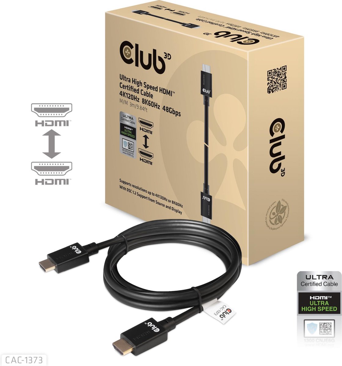 Club 3D Ultra Hoge Snelheid HDMI™ 4K120Hz, 8K60Hz Kabel 48Gbps M/M 3 m/ 9,84ft