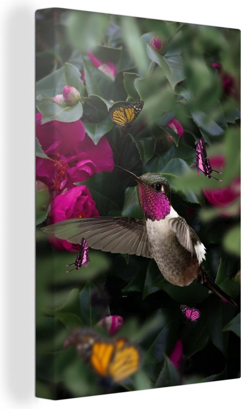 Canvas Schilderij Kolibrie - Vogel - Roze - 20x30 cm - Wanddecoratie