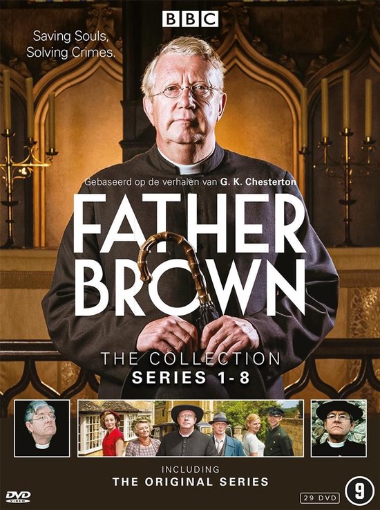 Couverture DVD de Father Brown avec le personnage principal en tenue de prêtre, avec le texte 'Saving Souls, Solving Crimes' et 'FATHER BROWN THE COLLECTION SERIES 1-8'.
