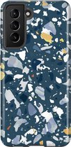 Samsung Galaxy S21 Telefoonhoesje - Extra Stevig Hoesje - 2 lagen bescherming - Met Marmerprint - Terrazzo - Donkerblauw