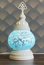 Turkse Lamp - Wit Mozaïek Lamp - Tafellamp - Marokkaanse Lamp - Oosterse Lamp - Recht model -  bol diameter Ø  12 cm - Hoogte 34 cm - Authentiek - Handmade - Kleurrijk - Icy Blue