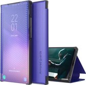 Voor Xiaomi Mi 10T Pro Koolstofvezel Textuur Bekijk Tijd Horizontale Flip Lederen Case met Houder & Touch Call Display ID (paars)