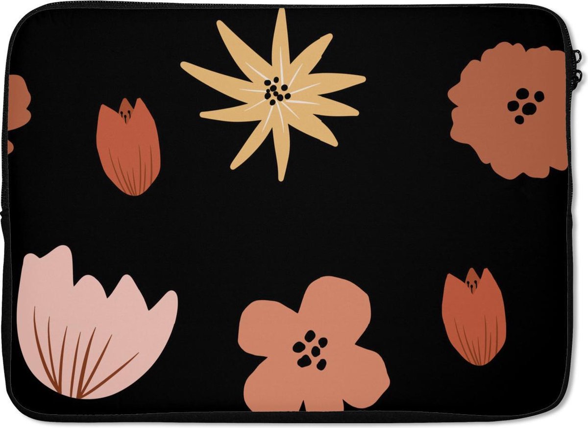 Laptophoes 14 inch - Bloemen - Zwart - Patronen - Laptop sleeve - Binnenmaat 33x23 cm - Zwarte achterkant