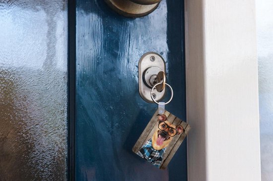 Porte-clés Animaux hipster - Un chien hipster contre une clôture Porte-clés en plastique - Porte-clés rectangulaire avec photo