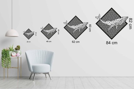 Line Art - Baleine avec fond - M - 60x62cm - AshwoodWhite - décoration murale géométrique