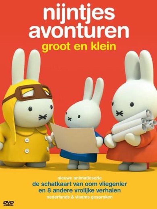 Drie konijntjes, waaronder een met gele pilotenjas en bril, kijken naar een plattegrond. Tekst: Nijntjes avonturen groot en klein.