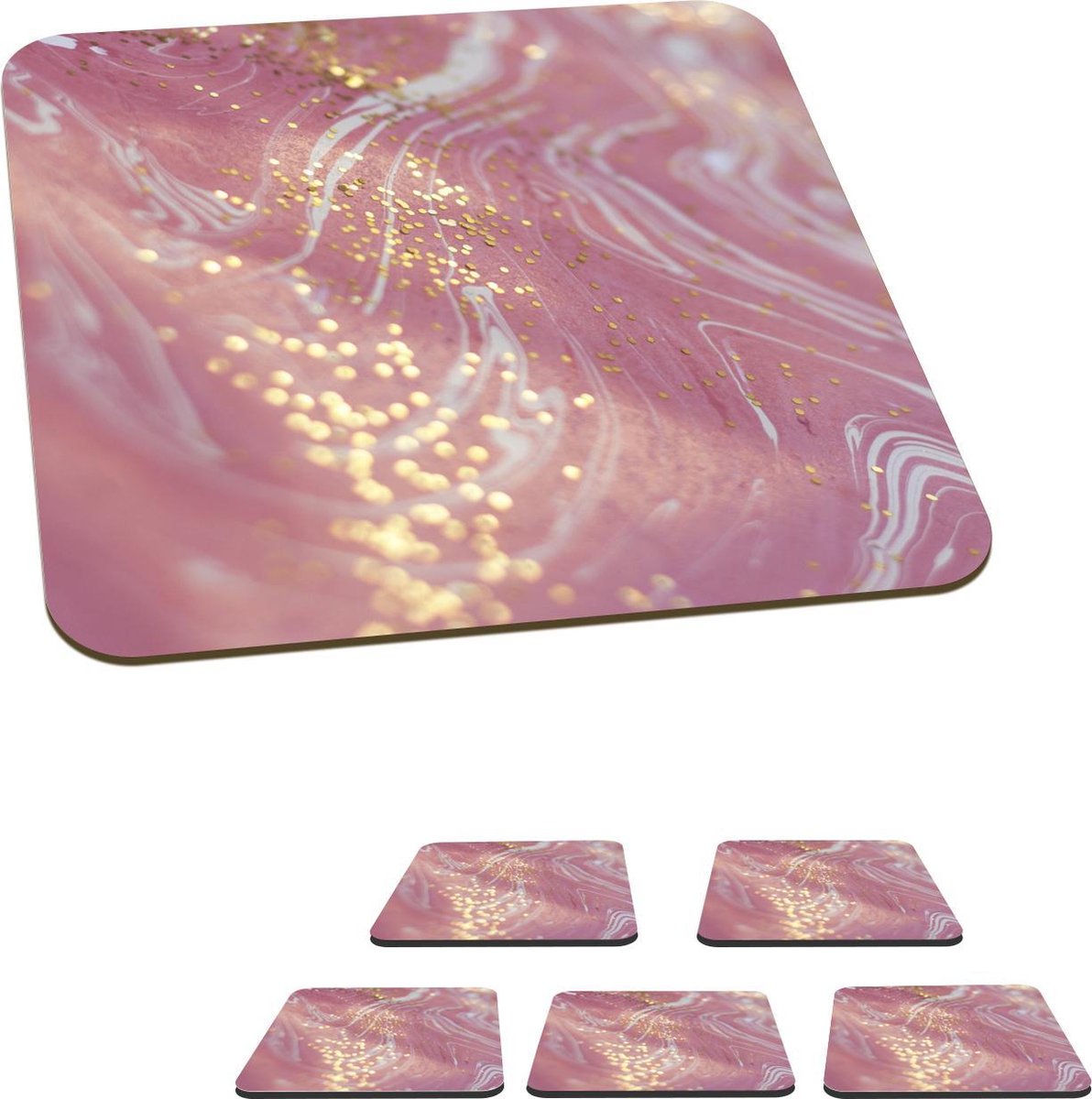 Onderzetters voor glazen - Marmer - Roze - Glitter - Wit - 10x10 cm - Glasonderzetters - 6 stuks