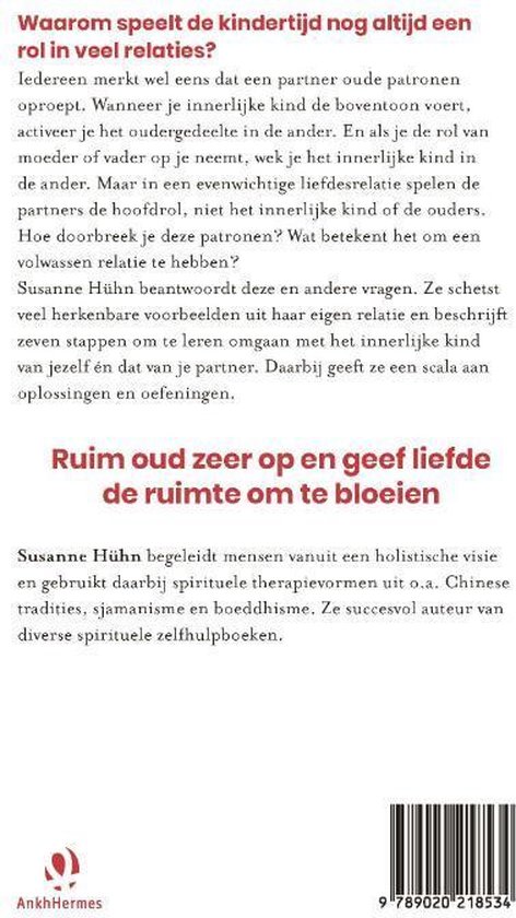 Achterkant van het boek 'Het innerlijke kind in je relatie', met tekst en een gestileerde rode vogel.
