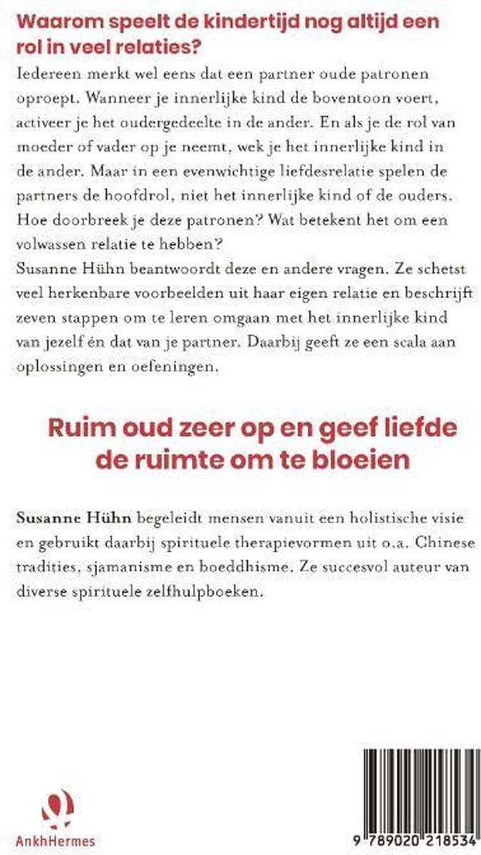 Achterkant van het boek 'Het innerlijke kind in je relatie', met tekst en een gestileerde rode vogel.