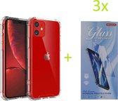 Hoesje Geschikt voor: iPhone 11 - Anti Shock Silicone Bumper - Transparant + 3X Tempered Glass Screenprotector
