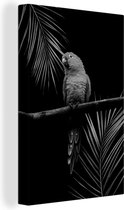 Canvas Schilderij Vogel op een zwarte achtergrond met palmtakken - zwart wit - 20x30 cm - Wanddecoratie