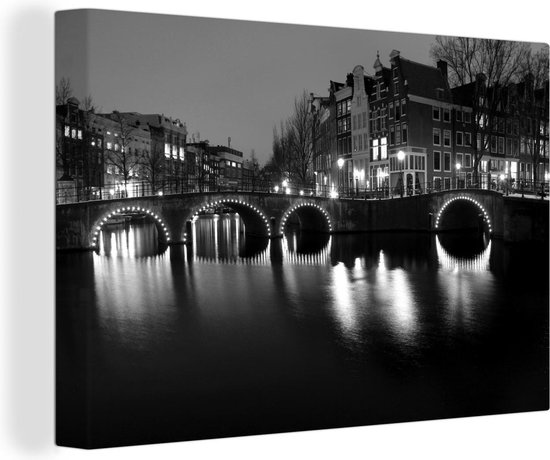 Canvas Amsterdam - Nacht - Lichten - Reflectie - 90x60 cm - Muurdecoratie