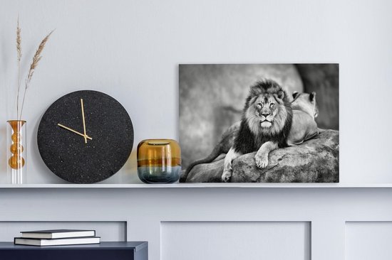 Tableau sur toile Lion et lionne allongés sur un rocher - noir et blanc - 40x30 cm - Décoration murale