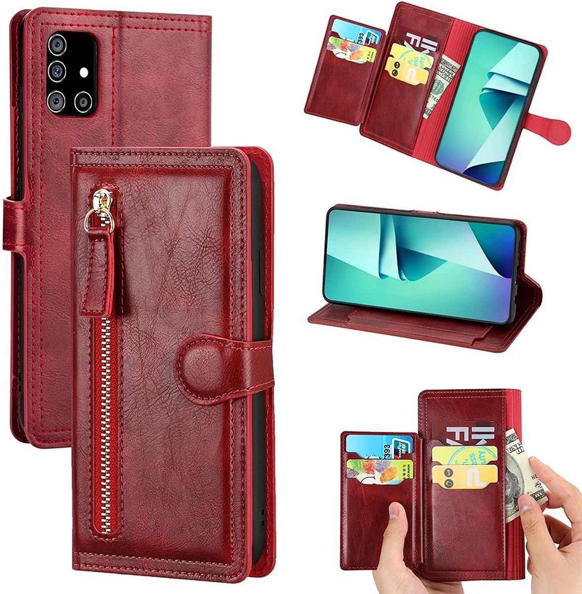 Bookcase Hoesje Geschikt voor: Samsung Galaxy A52 (4G & 5G) / A52s met ritssluiting - Flipcover - Magnetisch - 5 kaarten houder - Rood