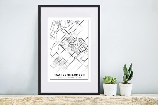 Affiche avec cadre Carte - Haarlemmermeer - Zwart - Wit - 40x60 cm