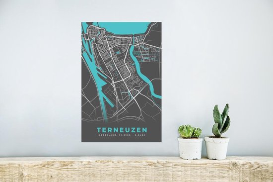 Poster Plan de ville - Terneuzen - Grijs - Blauw - 20x30 cm - Carte