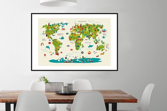 Wereldkaart Enfants - Vert - Animaux - Affiche scolaire - Chambre d'enfant - 120x80 cm