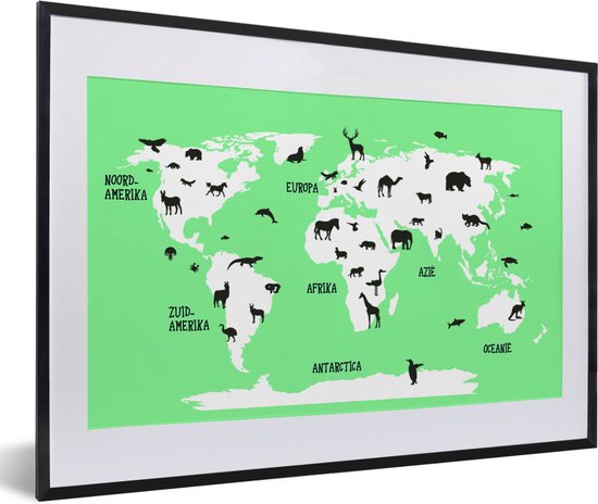 Wereldkaart met mint groene achtergrond en dieren fotolijst zwart met witte passe-partout 60x40 cm