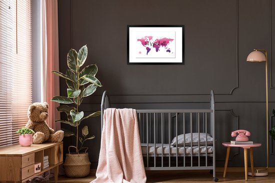 Fotolijst incl. Poster - Wereldkaart - Roze - Kompas - 60x40 cm - Posterlijst