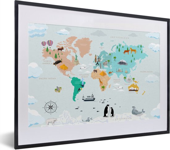Wereldkaart met typische beelden fotolijst zwart met witte passe-partout klein 40x30 cm