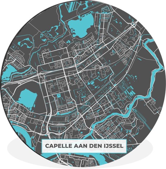 WallCircle - Wandcirkel - Muurcirkel - Stadskaart - Capelle aan den IJssel - Grijs - Blauw - Aluminium - Dibond - 90x90 cm - Binnen en Buiten