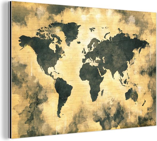 Décoration murale Métal - Peinture Aluminium - Wereldkaart - Zwart - Marron - 180x120 cm