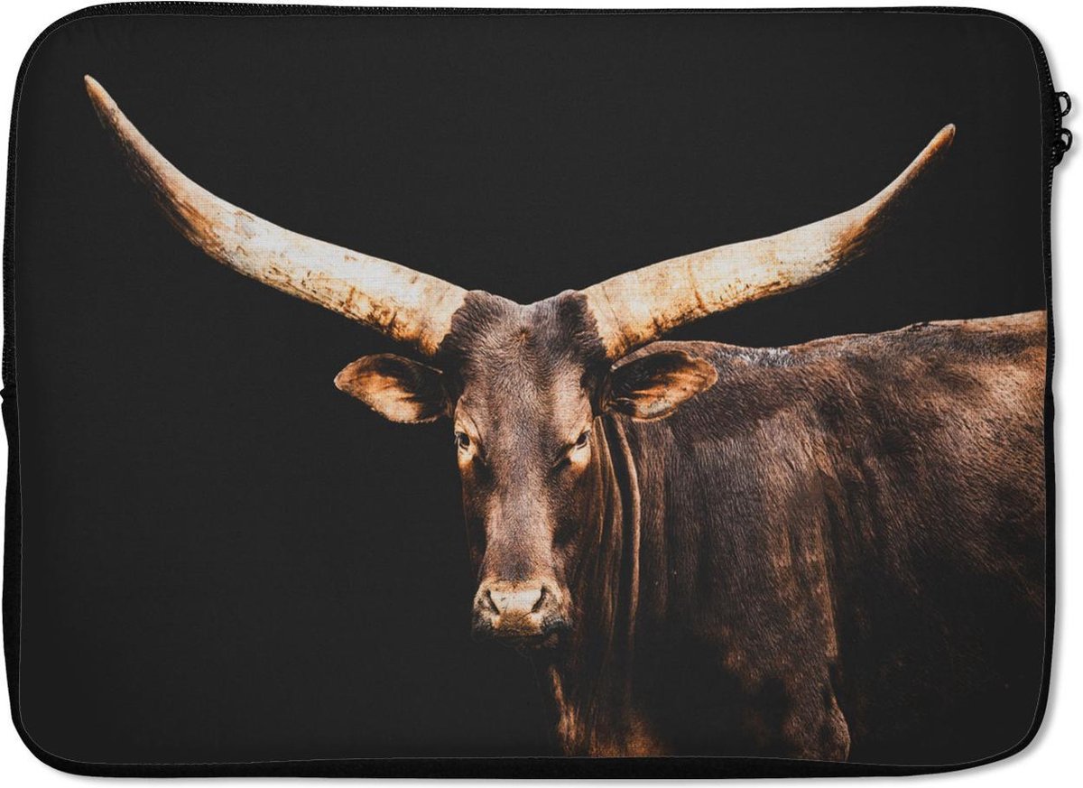Laptophoes 13 inch - Koe- Watussi - Zwart - Laptop sleeve - Binnenmaat 32x22,5 cm - Zwarte achterkant