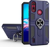 Voor Motorola Moto E6s (2020) koolstofvezelpatroon pc + TPU-beschermhoes met ringhouder (saffierblauw)