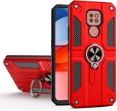 Voor Motorola Moto G9 Play koolstofvezelpatroon pc + TPU-beschermhoes met ringhouder (rood)