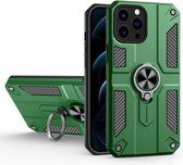 Koolstofvezelpatroon PC + TPU-beschermhoes met ringhouder voor iPhone 13 Pro Max (donkergroen)