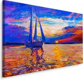 Schilderij - Zeilboot op kleurrijke zee (print op canvas), prachtige wanddecoratie
