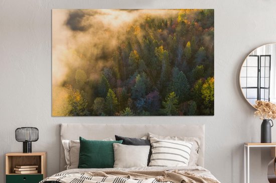 Toile Peinture Forêt - Brouillard - Coucher de Soleil - 150x100 cm - Décoration murale