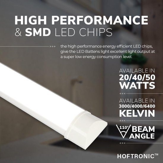 2x HOFTRONIC - LED Batten 150cm - 50W 6000 Lumen - 6400K Daglicht wit - LED TL Armatuur - Voor werkplaats, schuur en als onderbouwverlichting - Incl. montageklemmen & quick connector - 5 jaar garantie - HOFTRONIC