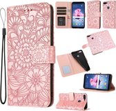 Voor Honor 7S Skin Feel Reliëf Zonnebloem Horizontale Flip Lederen Case met Houder & Kaartsleuven & Portemonnee & Lanyard (Rose Goud)