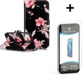 Shieldcase Flower Power geschikt voor Apple iPhone 12 Pro Max bookcase + glazen Screen Protector - Leren hoesje - Lederen case - Beschermhoes - Shockproof Beschermhoesje - Wallet case met pasjeshouder + glas