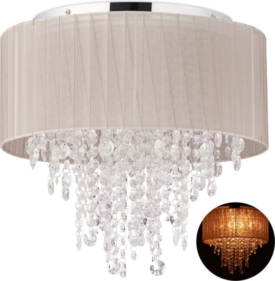 Relaxdays Ceiling Light Crystal Organza Lampshade E27 Living Room Hx 129 x 32 cm Grey Silver