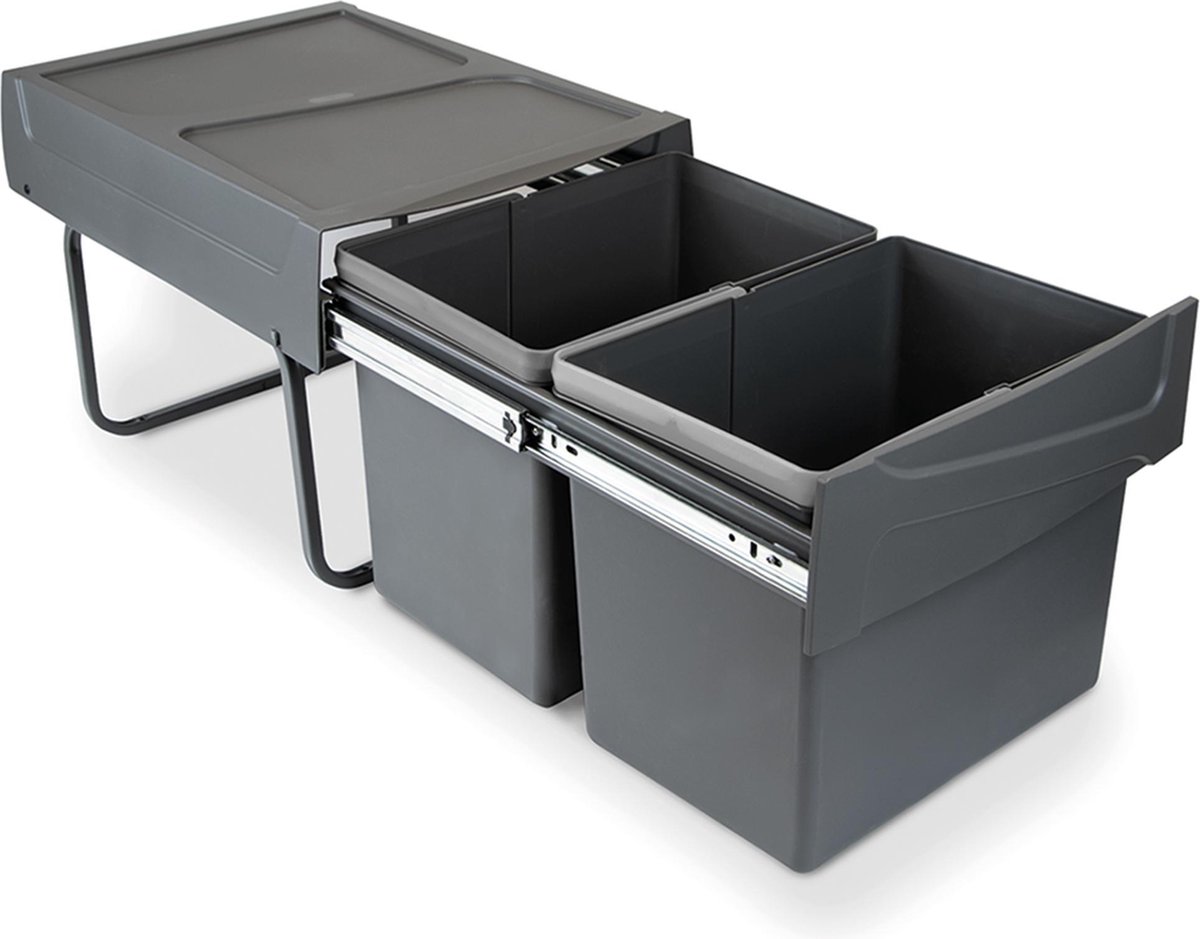 Emuca Kitchen Recycling Container, 2 x 15 L, bodembevestiging, handmatige afzuiging, staal en kunststof, antracietgrijs
