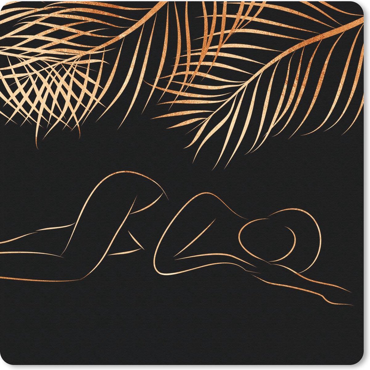 Muismat 20x20 cm - Mousepad Vrouw - Bladeren - Line at - Black and gold - Muismatten