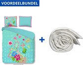 Luxe Dekbedovertrek Tweepersoons - 200x200/220cm - Inclusief 2 Kussenslopen - 100% Zacht Percale Katoen - Pajarito Aqua + Wasbaar Microfiber Dekbed - 200x200cm - Wit